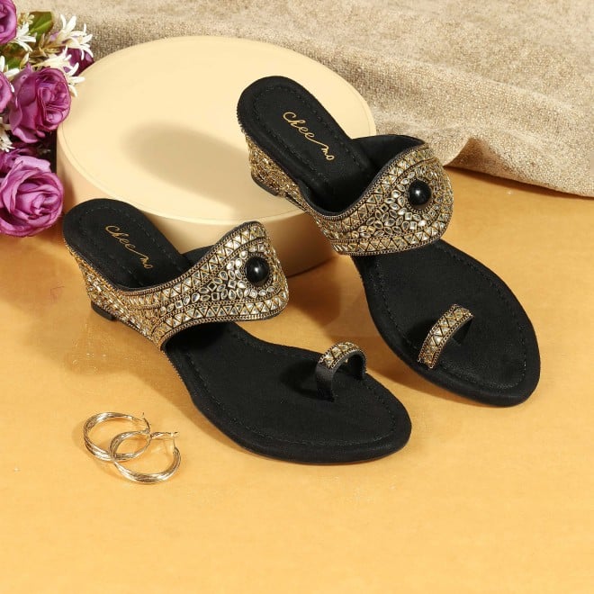 Cheemo Women Black Ethnic Slip Ons (SKU: 92-283-11-37)