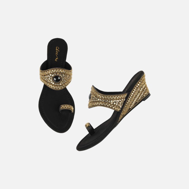 Cheemo Women Black Ethnic Slip Ons (SKU: 92-283-11-37)