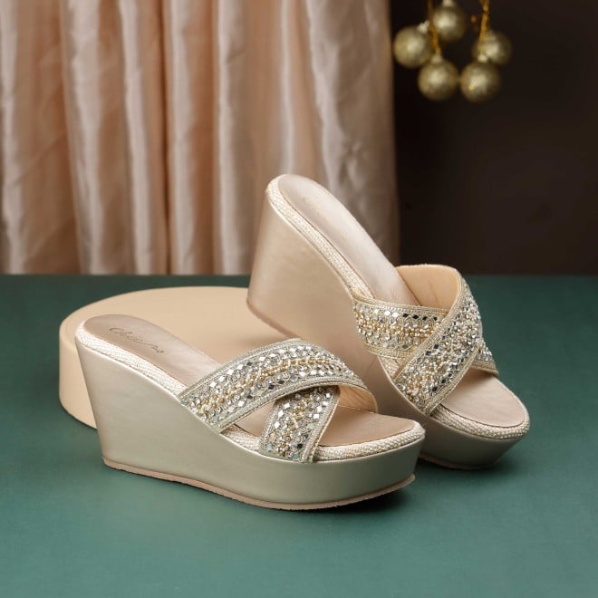 Cheemo Women Gold Ethnic Slip Ons (SKU: 92-285-15-36)