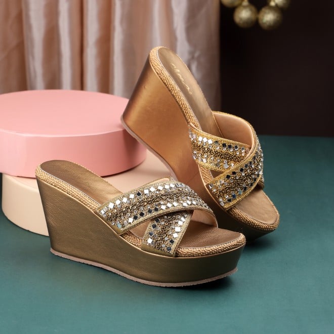 Cheemo Women Antic-gold Ethnic Slip Ons (SKU: 92-285-28-37)