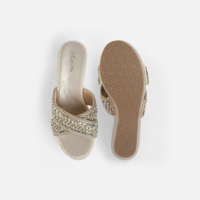 Cheemo Women Gold Ethnic Slip Ons (SKU: 92-285-15-36)