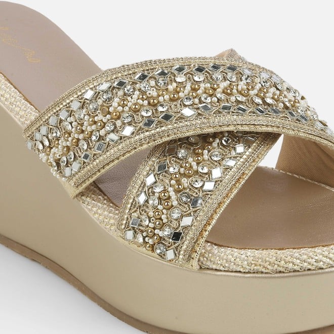 Cheemo Women Gold Ethnic Slip Ons (SKU: 92-285-15-36)