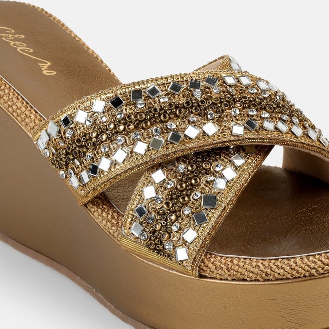 Cheemo Women Antic-gold Ethnic Slip Ons (SKU: 92-285-28-37)