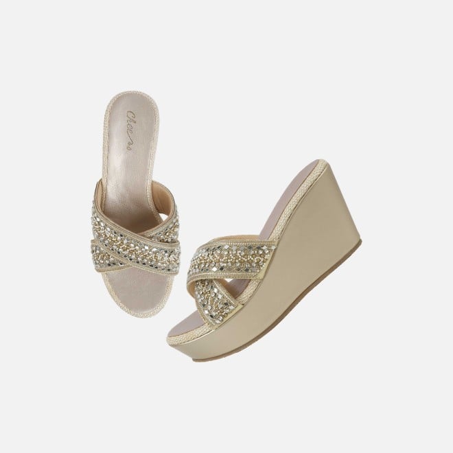 Cheemo Women Gold Ethnic Slip Ons (SKU: 92-285-15-36)