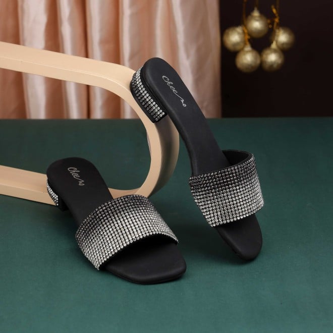 Cheemo Women Black Party Slip Ons