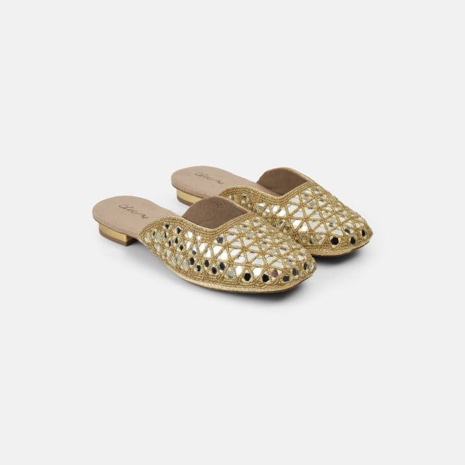 Cheemo Women Gold Ethnic Slip Ons (SKU: 92-303-15-37)