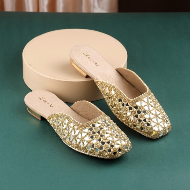 Cheemo Women Gold Ethnic Slip Ons (SKU: 92-303-15-37)